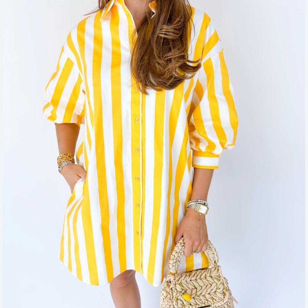 Asymmetrical Yellow & White Striped Shirt Dress